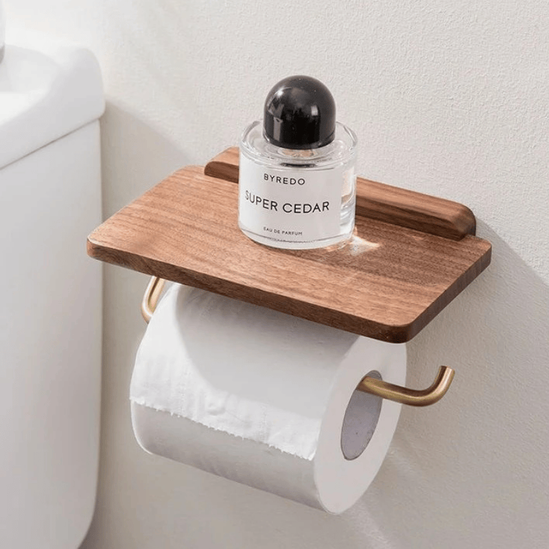 Porte-papier toilette mural design en inox noir et bois de noyer, style minimaliste