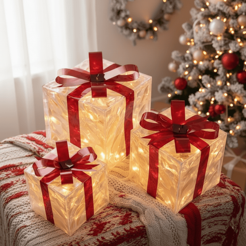 Coffrets cadeaux décoratifs lumineux Noël set 3 pièces sous sapin