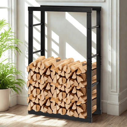 Support de bois de chauffage en métal noir pour rangement bûches intérieur extérieur.