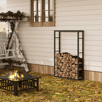 Abri bois jardin en métal noir pour stocker le bois de chauffage à l’extérieur.