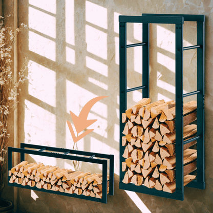 Étagère pour bois de cheminée en métal noir, parfaite pour garder les bûches organisées et sèches.
