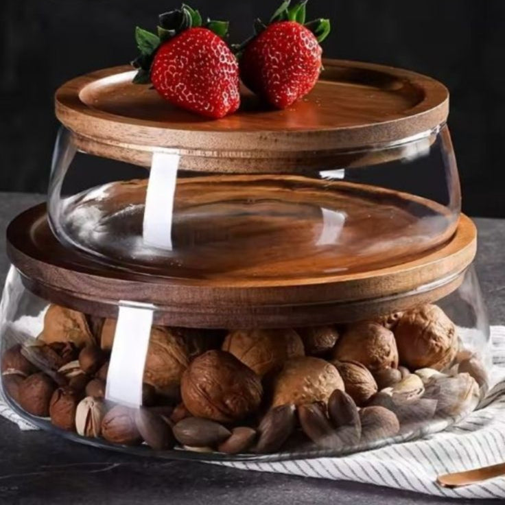 Rangement cuisine en verre avec couvercle en bois hermétique pour conserver aliments frais