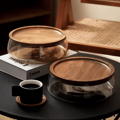 Boîte en verre borosilicaté avec couvercle bois et joint silicone alimentaire hermétique