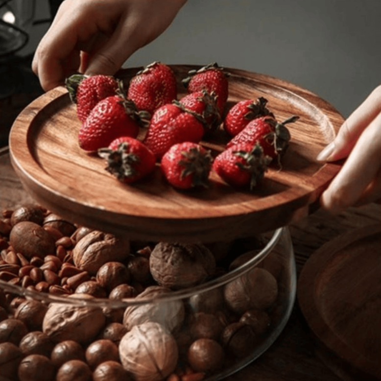 Boîte de rangement alimentaire design naturel en verre avec couvercle bois pour cuisine