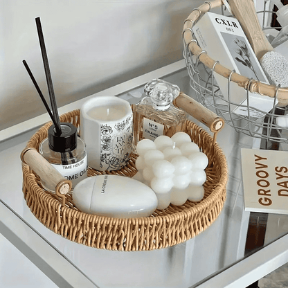 Plateau rond en rotin style bohème naturel pour servir ou décorer la cuisine