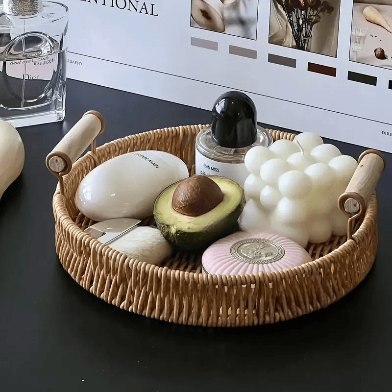 Plateau tressé rustique avec poignées pour petit-déjeuner au lit ou salon