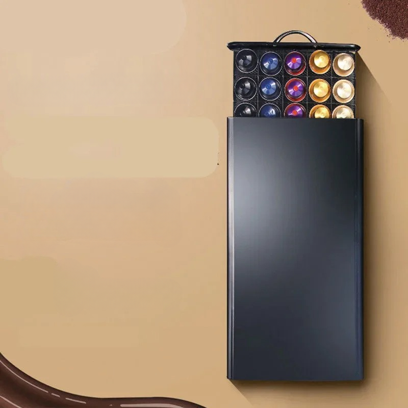 Organiseur de dosettes espresso avec tiroir métallique, rangement 40 capsules, design moderne et compact.